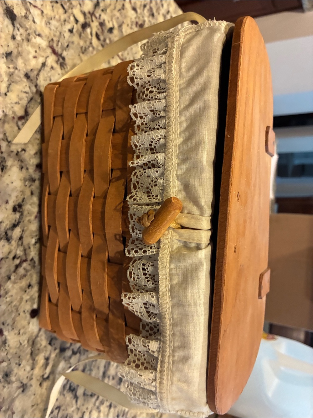 Longaberger Brown Woven Sewing Basket with Cream Lace Trim